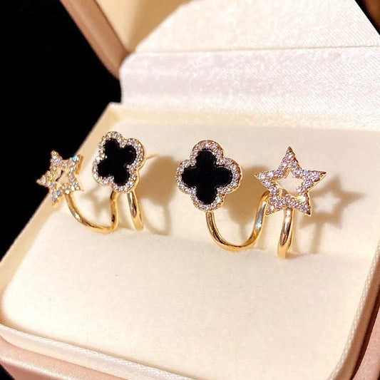 ⭐✨Sparkling Clover Star Earrings – Gold Plated Fashion Jewelry with Black Enamel & Crystal Detailing ⭐✨( PXJ-107)