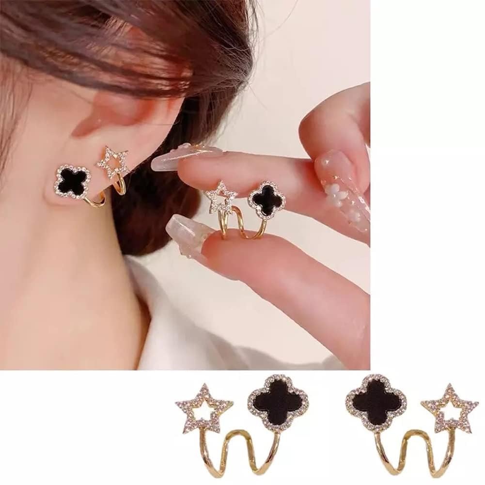 ⭐✨Sparkling Clover Star Earrings – Gold Plated Fashion Jewelry with Black Enamel &amp; Crystal Detailing ⭐✨( PXJ-107)