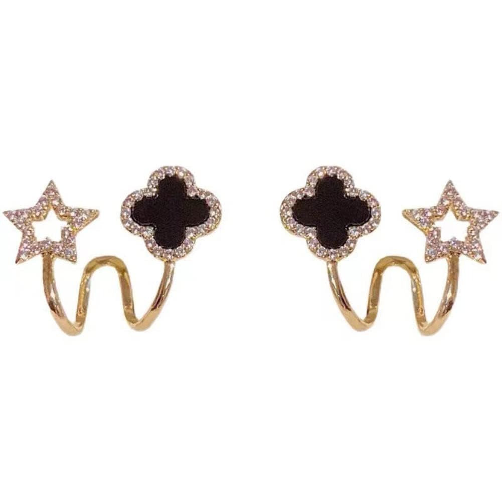⭐✨Sparkling Clover Star Earrings – Gold Plated Fashion Jewelry with Black Enamel &amp; Crystal Detailing ⭐✨( PXJ-107)