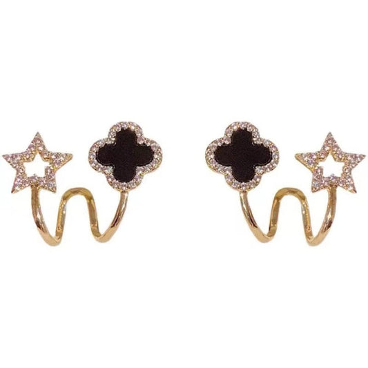 ⭐✨Sparkling Clover Star Earrings – Gold Plated Fashion Jewelry with Black Enamel &amp; Crystal Detailing ⭐✨( PXJ-107)
