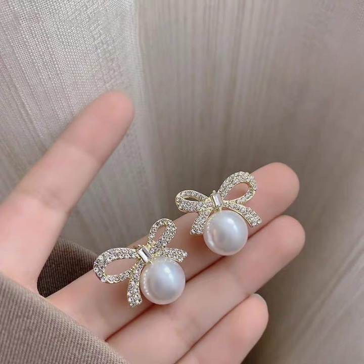 🌸💎⭐Bow Knot Pearl Earrings with Zircon – Korean Style (PJX-113)⭐💎🌸