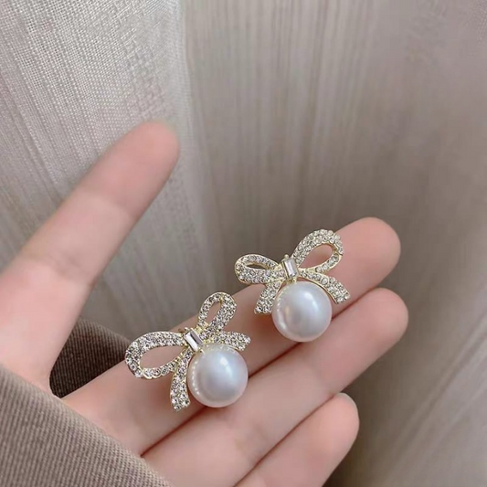 🌸💎⭐Bow Knot Pearl Earrings with Zircon – Korean Style (PJX-113)⭐💎🌸