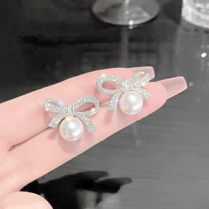 🌸💎⭐Bow Knot Pearl Earrings with Zircon – Korean Style (PJX-113)⭐💎🌸